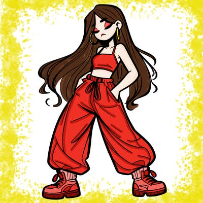 girl in baggy pants crop top and long hair
