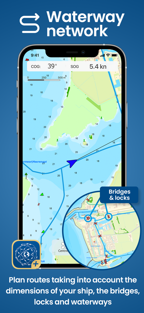 WinGPS Marine Plus - Smartphone que muestra la aplicación WinGPS Marine Plus con carta náutica y detalles de la red de vías navegables