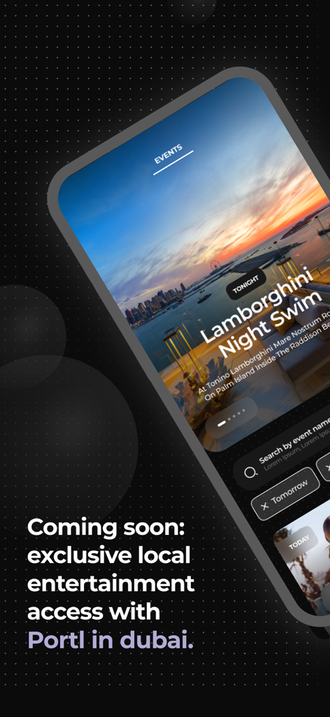 Portl. - Mobile screen showing the Portl app interface with exclusive event listings in Dubai featuring a Lamborghini Night Swim.