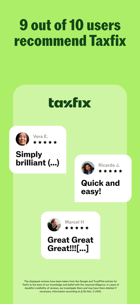 Taxfix: Tax return for Germany - Captura de tela do aplicativo Taxfix exibindo avaliações positivas de usuários e uma taxa de recomendação de 9 em cada 10 usuários