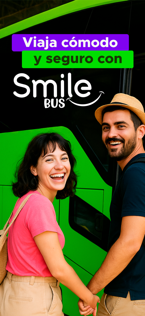 Smilebus - 快適で安全な旅を宣伝するテキストとともに、緑色のSmilebusの前で笑顔の幸せそうな若いカップル