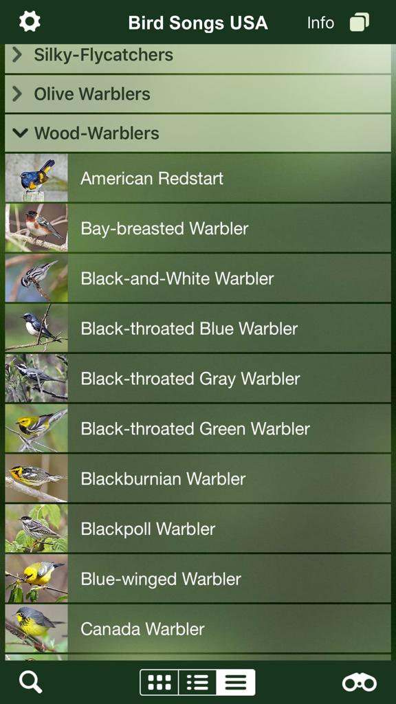 L'application Chants d'oiseaux USA montrant une liste taxonomique d'espèces de parulines avec des images
