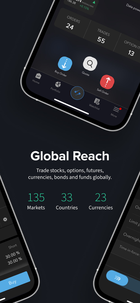 Handy Trader app interface showing global market reach with access to 135 markets and 33 countries