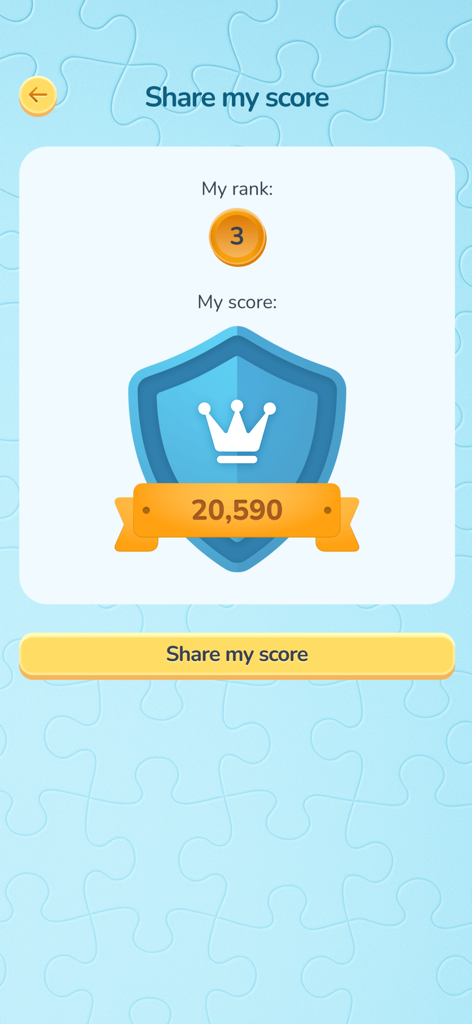 Rebble: Rebus & Puzzle Game - Rebble 퍼즐 게임의 내 점수 공유 화면으로 3위와 최고 점수를 표시합니다.