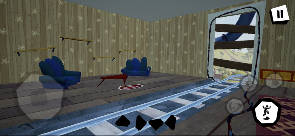 A living room in Hello Neighbor featuring blue furniture and a rail track crossing the floor towards a boarded doorway