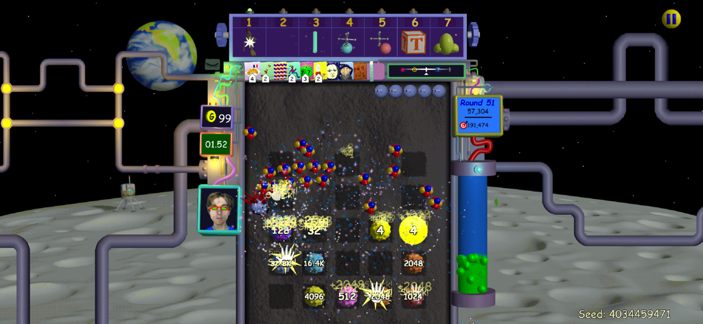 Nubby's Number Factory - Gameplay screenshot of Nubbys Number Factory showing a Plinko board with large numbers and space background