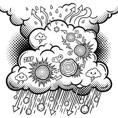 Dive into the dramatic world of weather with this Pop Art coloring page illustrating hail formation. Witness the intricate process of ice crystal growth and falling hailstones in a bold, comic-book inspired style.