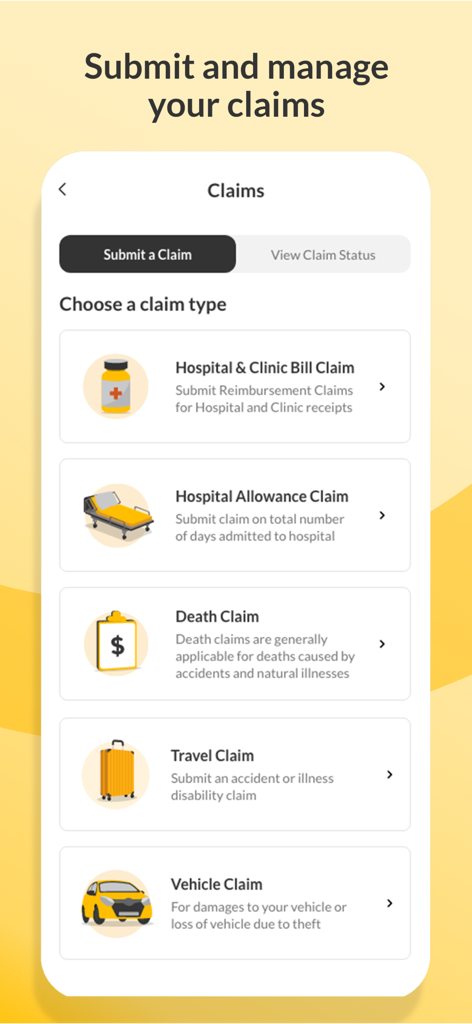 Etiqa plus mobile app screen for submitting insurance claims including medical travel and vehicle options