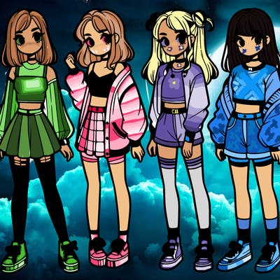 one girl with crop-top shirt and a jacket with a skirt, long socks and another girl with a shirt and pants with a jacket