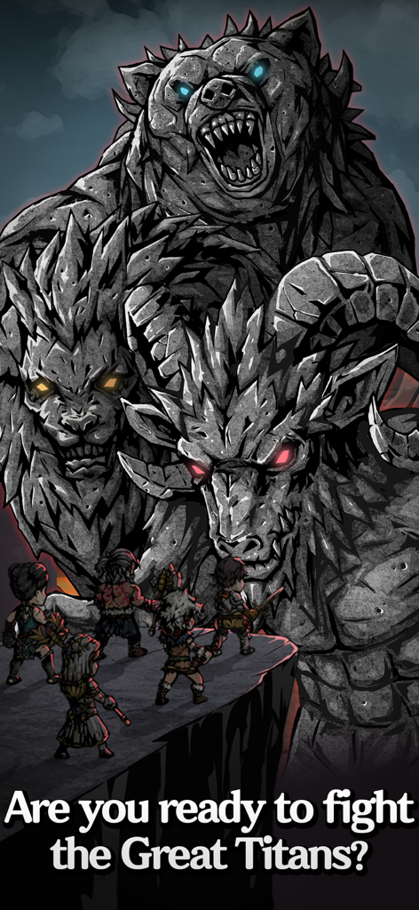 Slay the Titan : Deckbuild RPG - Un grupo de pequeños héroes RPG parados en el borde de un acantilado enfrentando a tres titanes de piedra masivos, incluyendo un oso, un león y un carnero.