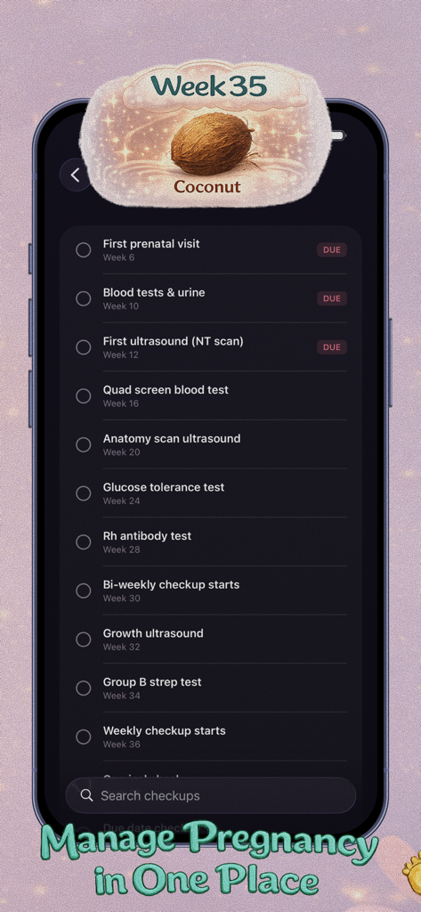 Baby Journey - Pantalla del rastreador de chequeos de embarazo que muestra una lista de citas médicas y pruebas para la semana treinta y cinco.