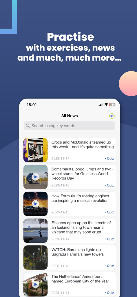 Tela do aplicativo móvel Altissia mostrando artigos de notícias para prática de idiomas e quizzes.
