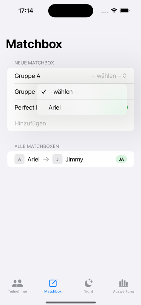 AYTO-Rechner - Matchbox results and entry screen in the AYTO-Rechner app showing match history for participants