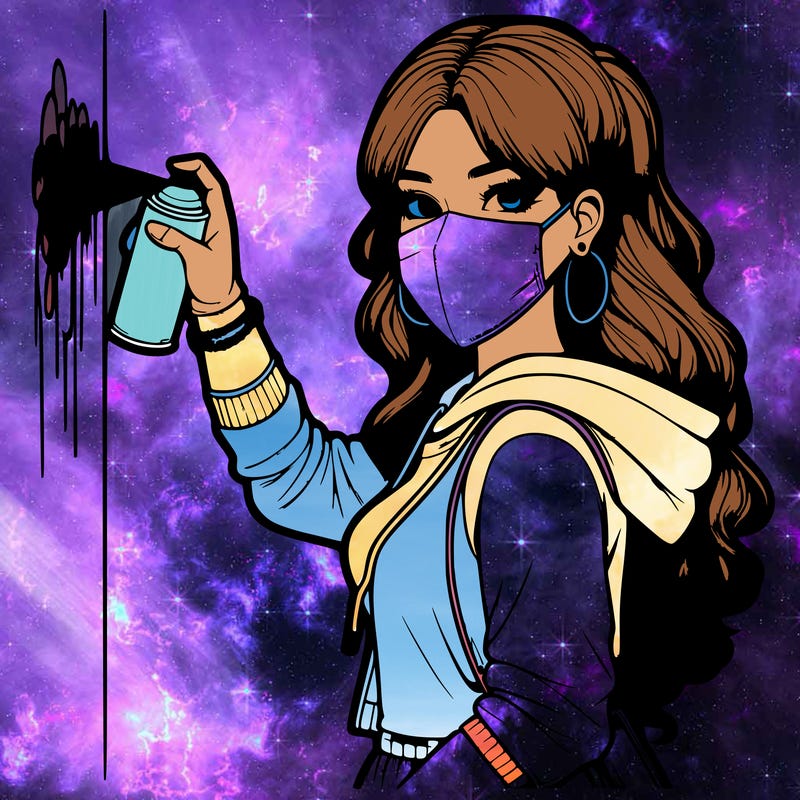 realistic girl with mask spray painting a wall