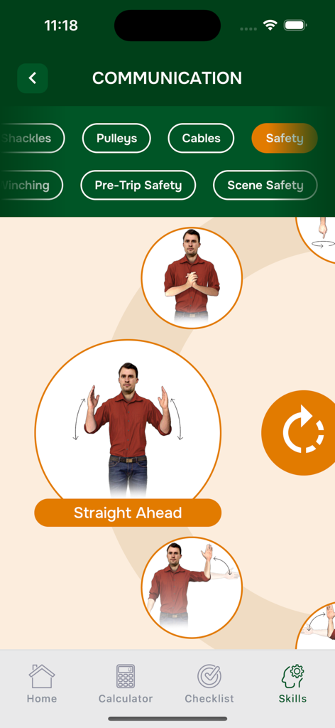WINCH - Una pantalla de la aplicación WINCH que muestra señales manuales para la comunicación de recuperación todoterreno, incluida una demostración de la señal de avance recto.