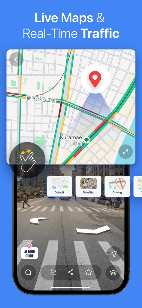 Street View 360° Travel Guide - Smartphone-Bildschirm mit der Street View 360 App-Oberfläche mit Live-Karten, Echtzeitverkehr und immersiver Straßenavigation.