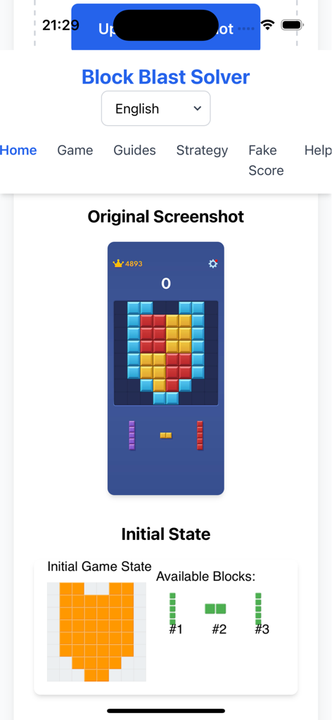 Block Blast Solver Pro app interface showing puzzle board analysis and available game blocks