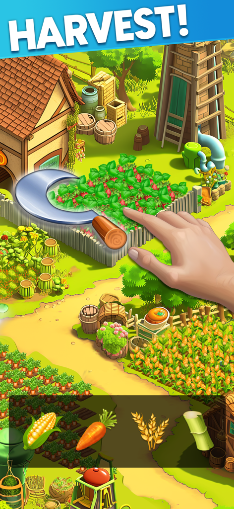 Skyberry Island: Family Farm - Una mano usando una hoz para cosechar bayas rojas en el juego Skyberry Island Family Farm
