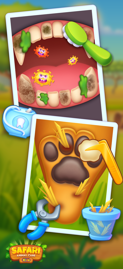 Safari Animals Games For Kids - Una pantalla de juego móvil que muestra minijuegos interactivos para que los niños limpien los dientes de un animal y extraigan astillas de la pata de un león.