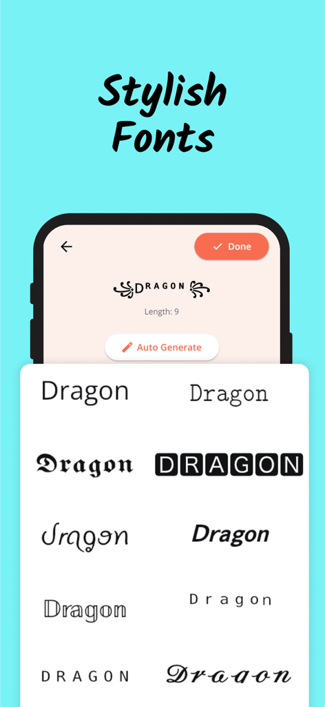 Nickname Fire app interface displaying various stylish font styles for the name Dragon
