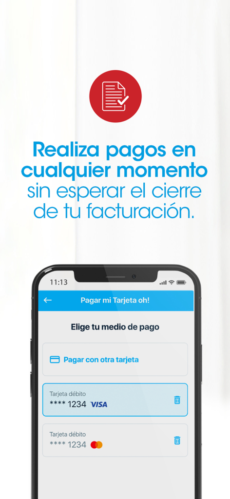 Captura de pantalla de la app Financiera oh mostrando opciones de pago de tarjeta de crédito y selección de tarjeta de débito