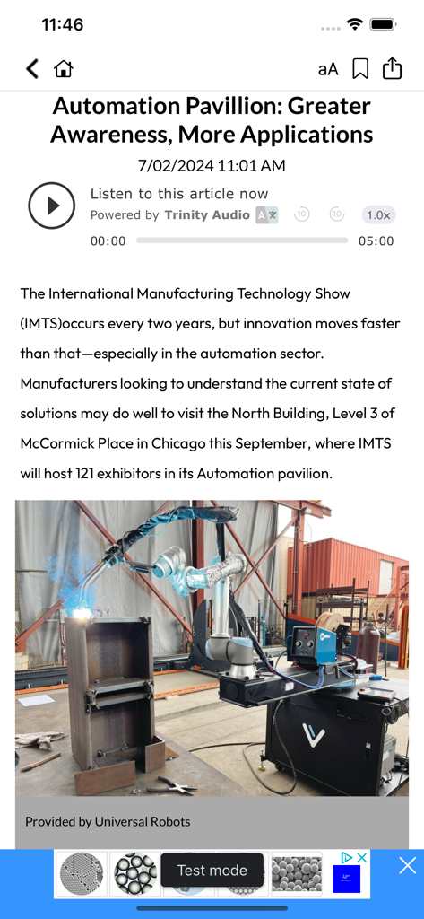 Artikel über industrielle Automatisierung und Robotik in der Advanced Manufacturing App mit einem Roboterarm von Universal Robots