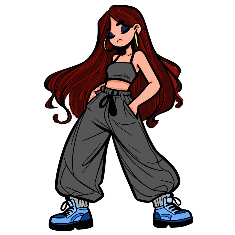 girl in baggy pants crop top and long hair