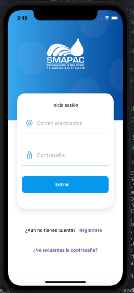 Login screen of the SMAPAC CARMEN water utility payment app showing email and password fields