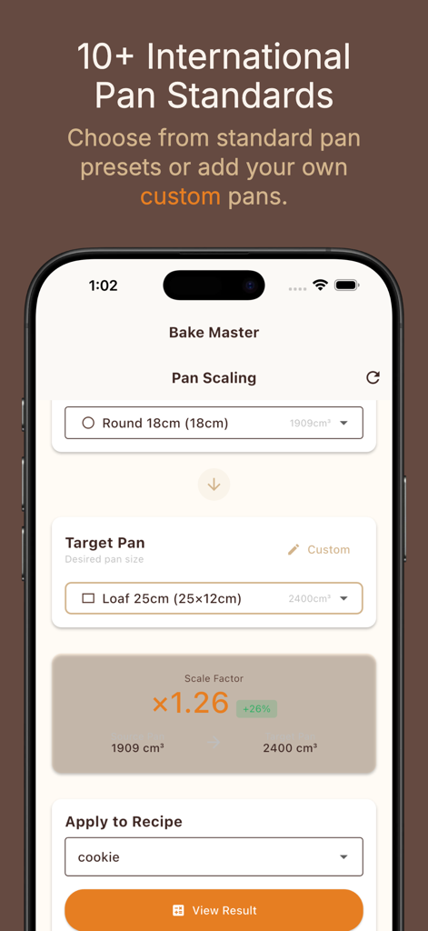 Bake Master: Baking Calculator - Bake Master App-Oberfläche, die die Funktion zur Pfannenanpassung und Rezeptumrechnung demonstriert