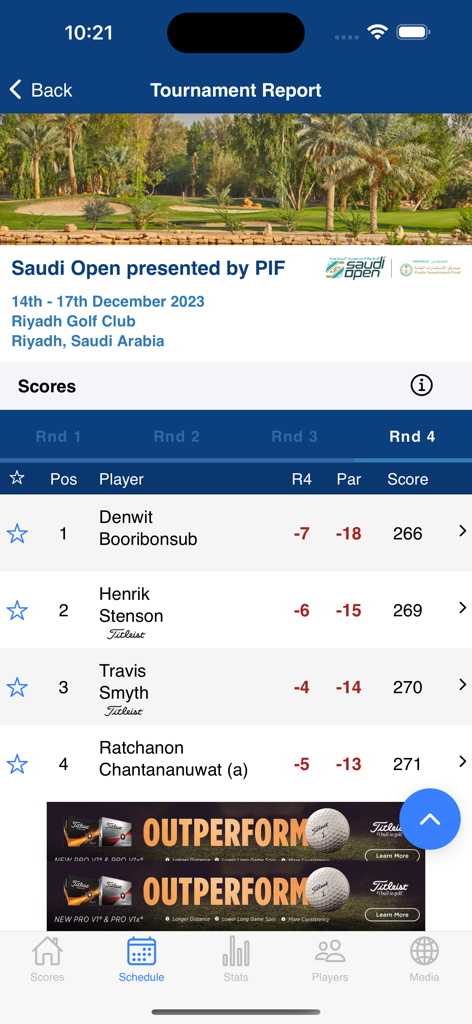 Asian Tour - 사우디 오픈 토너먼트 보고서와 최종 리더보드 순위를 보여주는 아시안 투어 앱 스크린샷