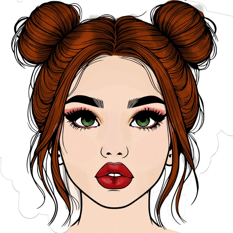 realistic girl with two buns on her hair and lips