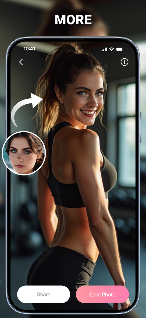 Deep Face Swap AI: FusionFaces - A woman's face swapped onto a fitness photo using the FusionFaces AI app.
