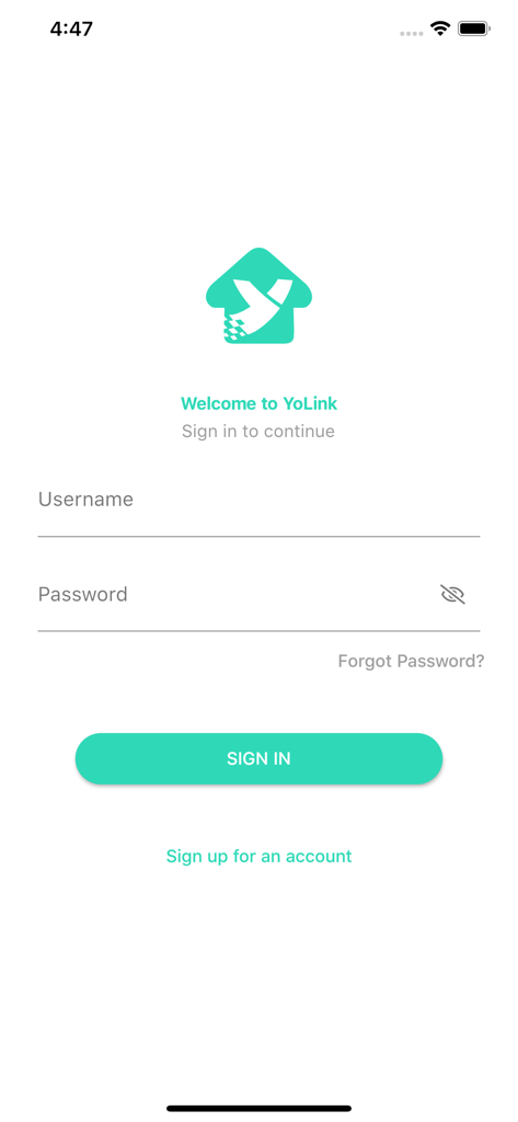 Login screen of the YoLink smart home application showing sign in fields