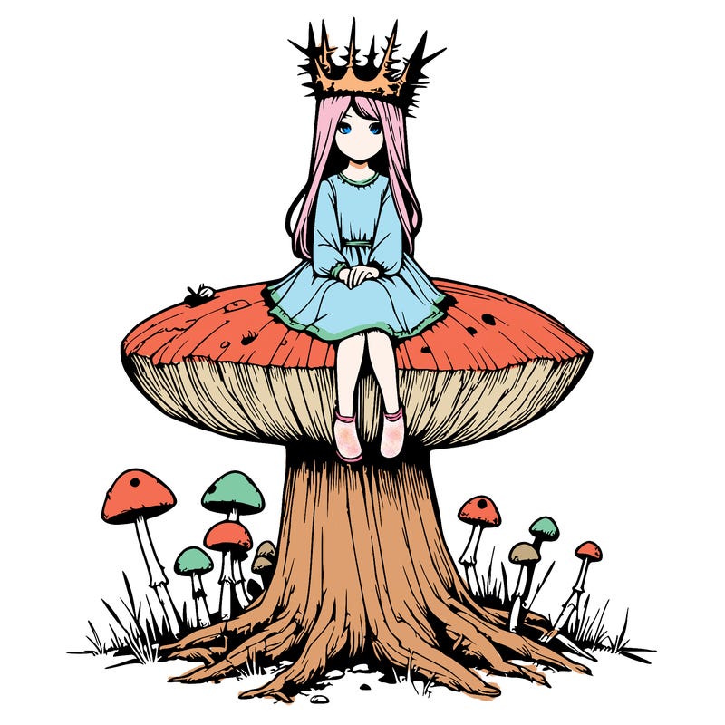 realistic girl sitting on a huge tree stump size toadstool with thorn crown