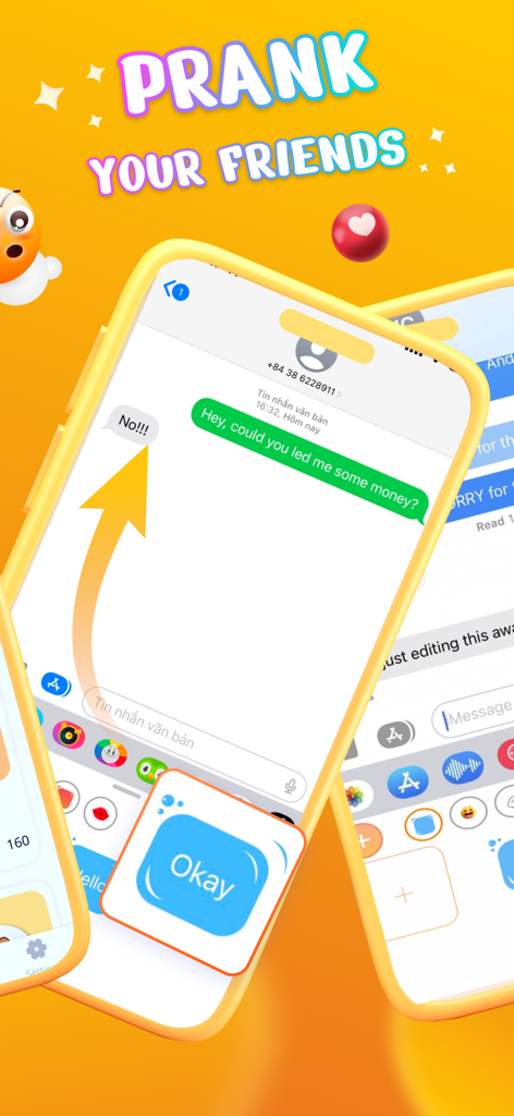 Funny Emoji - WASticker Maker - Una captura de pantalla de una conversación de chat de una aplicación móvil que muestra stickers personalizados y el titular Bromea con tus Amigos