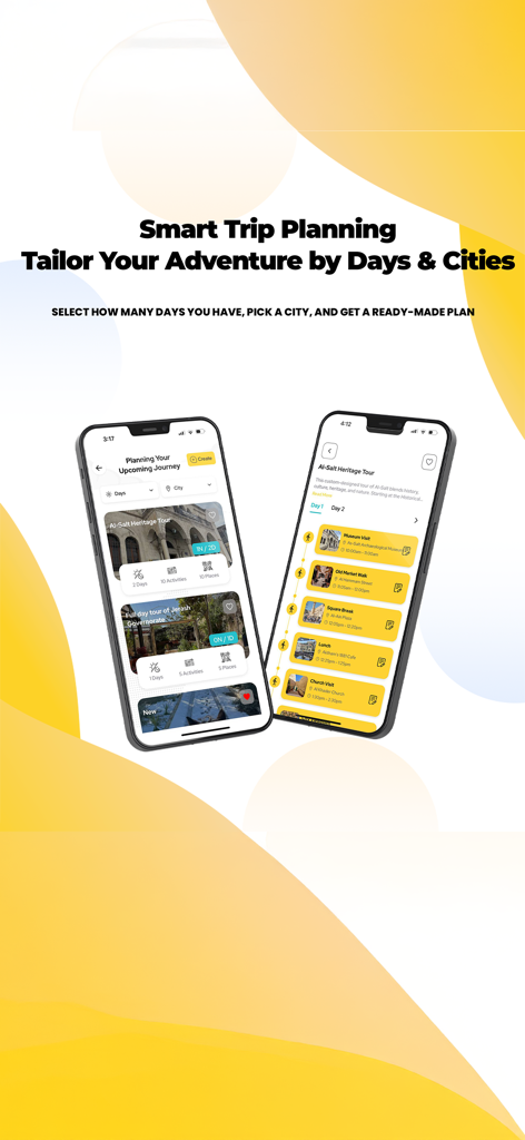 Smart trip planning interface of the Discover Jordan app showing customized itineraries for different cities.