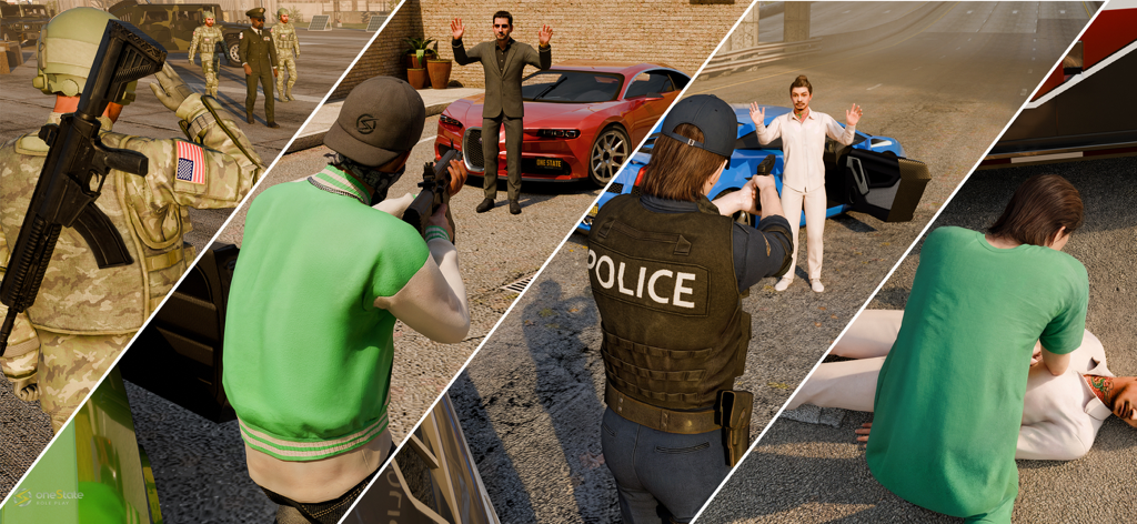 A montage of four gameplay scenes from OneState RP showing a soldier, a gangster, a police officer, and a medic.