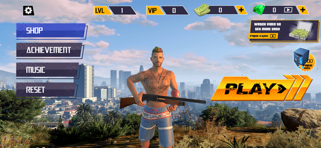 Vegas Mafia: Grand City Battle - Main menu of Vegas Mafia Grand City Battle showing a tattooed character holding a shotgun in front of a city skyline.