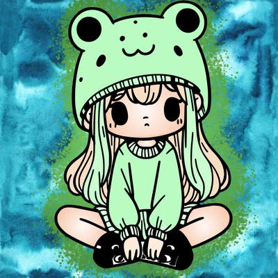 a girl wearing a frog hat and some frog socks