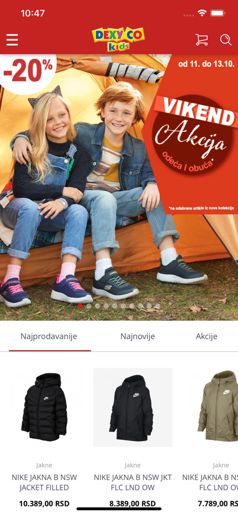 Dexy Co - Interface of the Dexy Co Kids mobile app showing a sale banner and children Nike jackets