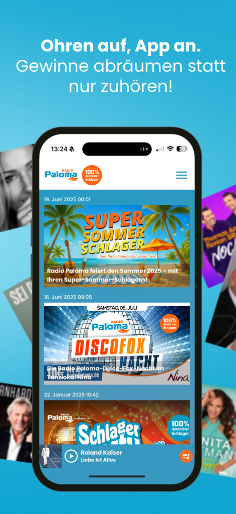 Schlager Radio Paloma - Interfaz de la aplicación Schlager Radio Paloma mostrando eventos musicales y noticias para fans alemanes