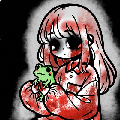 girl with long hair and a oversized shirt. and she is holding a frog