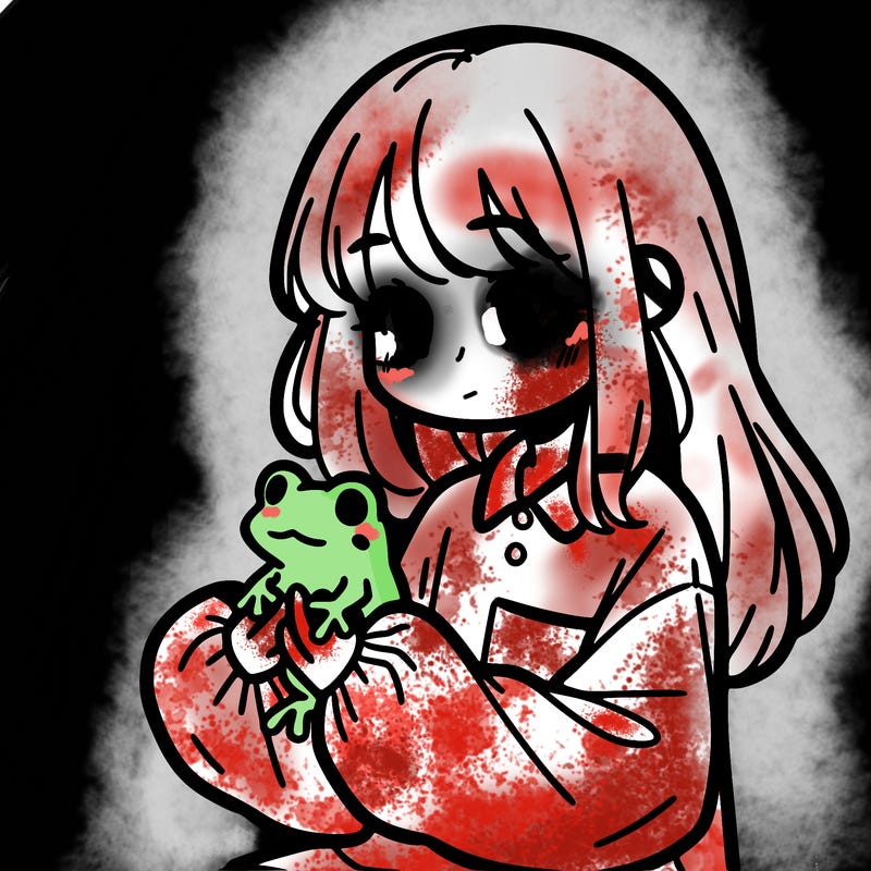 girl with long hair and a oversized shirt. and she is holding a frog