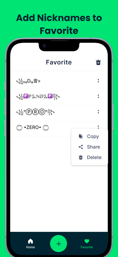 Nickname Generator For Gamers - Gamer nickname generator app favorites screen showing stylized names with unique symbols
