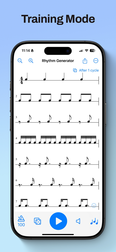 Rhythm Generator - Rhythm Generator app interface displaying musical notation and rhythms in training mode