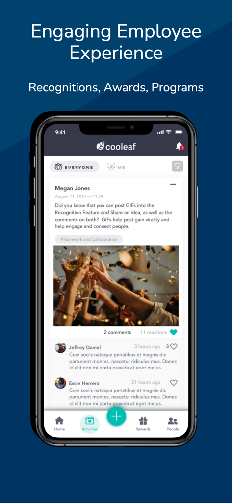 Cooleaf App-Oberfläche, die einen ansprechenden Mitarbeitererlebnis-Feed mit Anerkennung und Auszeichnungen anzeigt