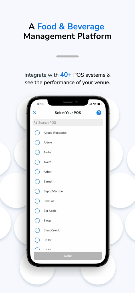 WISK.ai mobile app screen showing a list of 40 plus POS system integrations for hospitality management