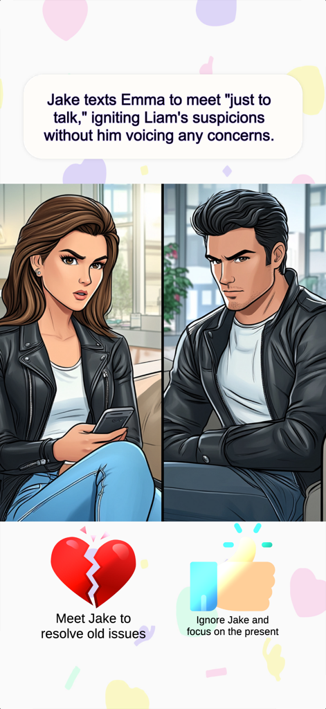 Love 60 Seconds - Love Story - Uma cena de drama romântico em um jogo onde o jogador escolhe se encontra um ex ou se concentra no relacionamento atual.