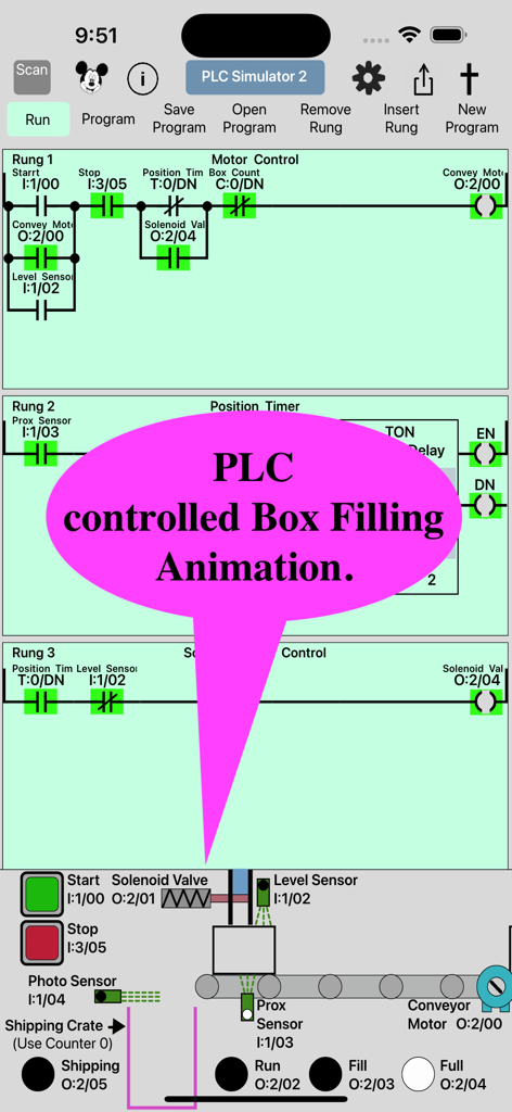 PLC Simulator 2インターフェイスには、ラダーロジックコードとインタラクティブな箱詰めプロセスシミュレーションが表示されています