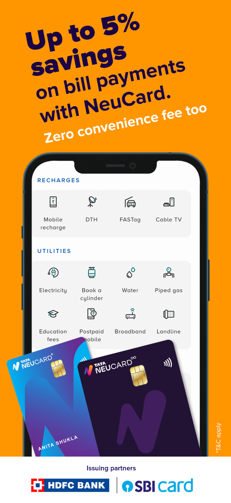Tata Neu:Shop, Travel, Finance - Tata Neuアプリのインターフェース。NeuCard特典付きの公共料金支払いおよびモバイルリチャージオプションが表示されます。